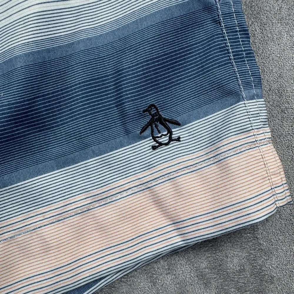 Original Penguin Men's Striped Swim Trunks Blue Grey Peach Size 36 Mesh Lined 6